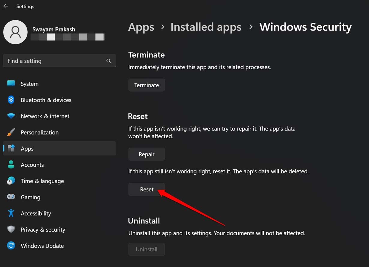 Windowsセキュリティアプリをリセット
