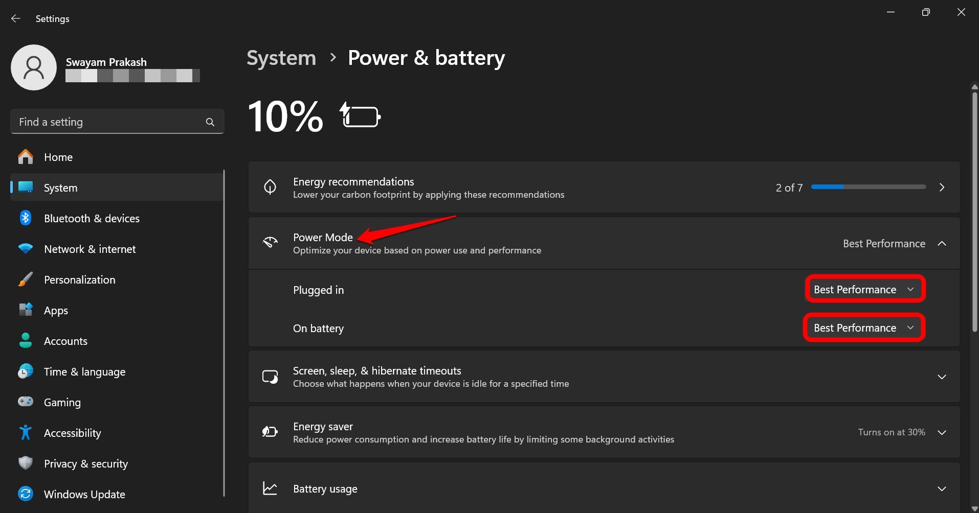 Windows 11에서 최고 성능 전원 모드 설정