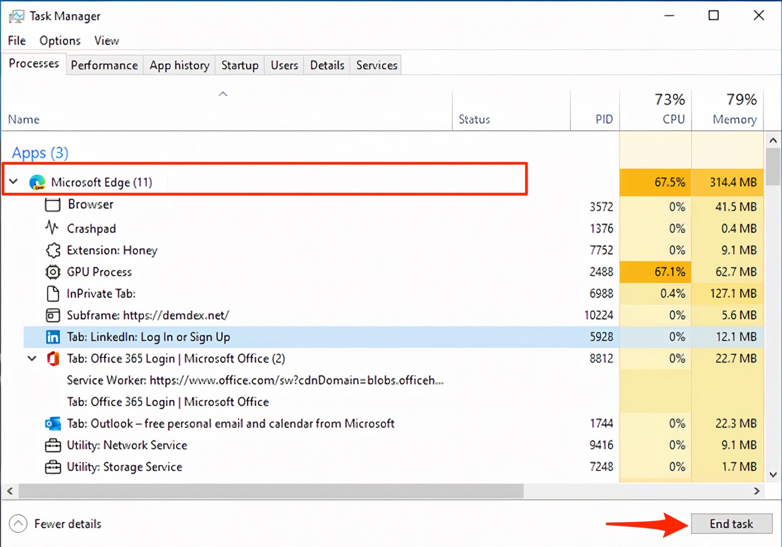 Gestionnaire de tâches Windows Microsoft Edge
