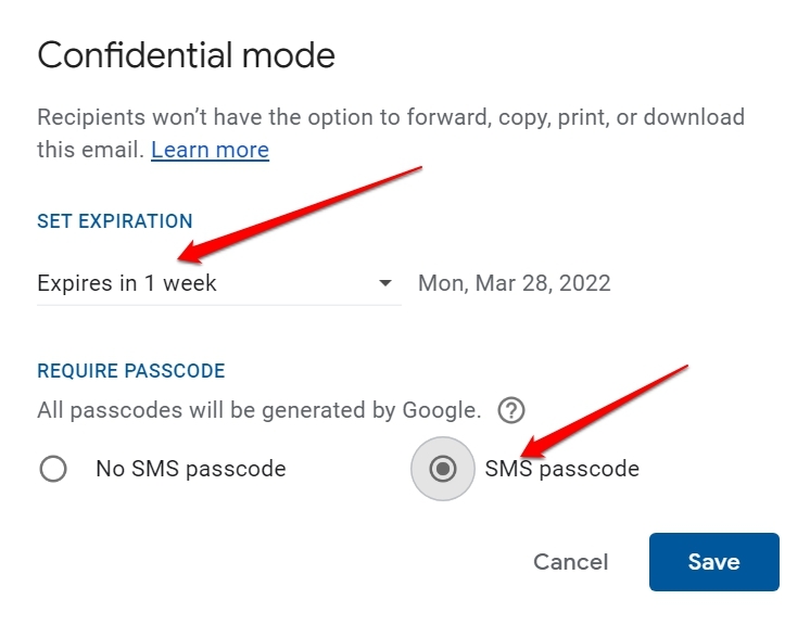 imposta codice di accesso e data di scadenza sull'email