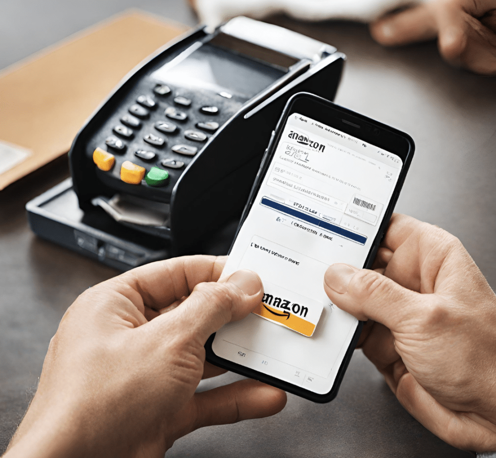 Una persona che utilizza Walmart Pay per effettuare un pagamento su Amazon