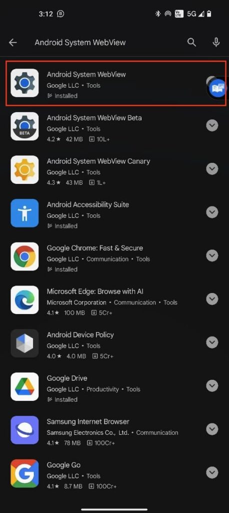 Aggiorna Android System WebView - Problema di chiusura dell'app YouTube