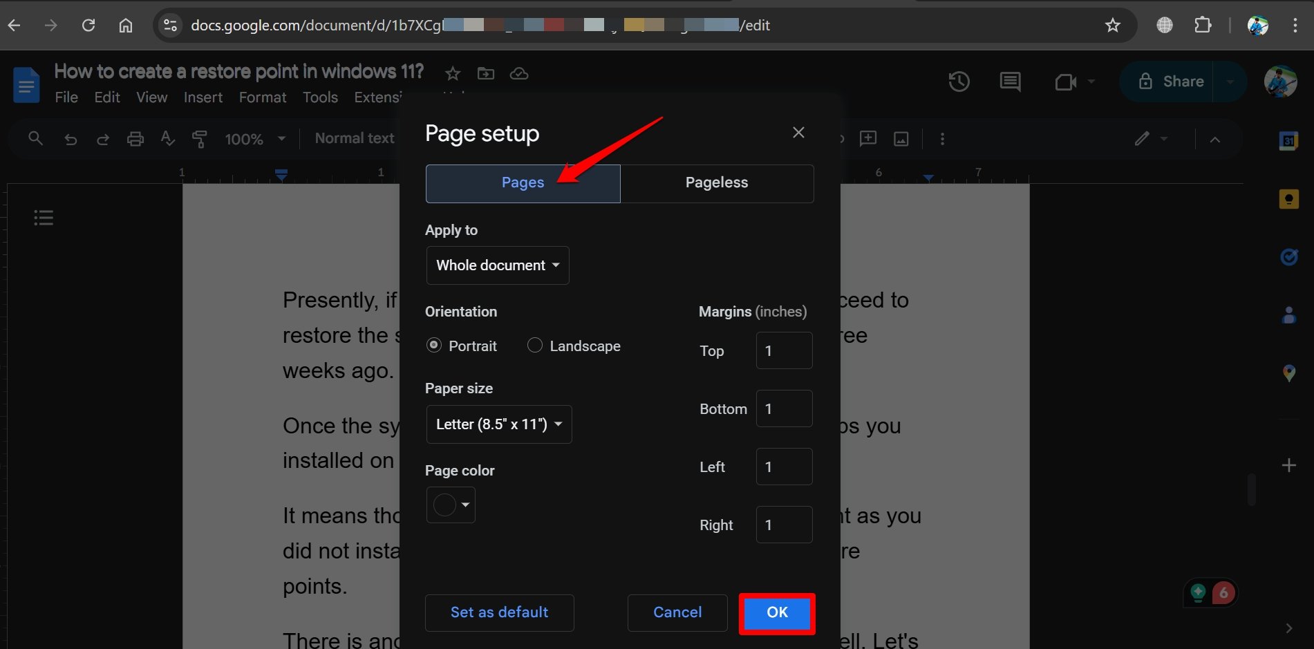 desativar modo sem página do Google Docs