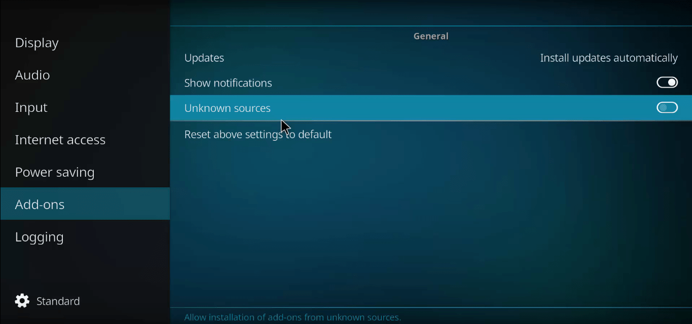 Permitir instalación desde fuentes desconocidas Kodi Krypton 17.0+