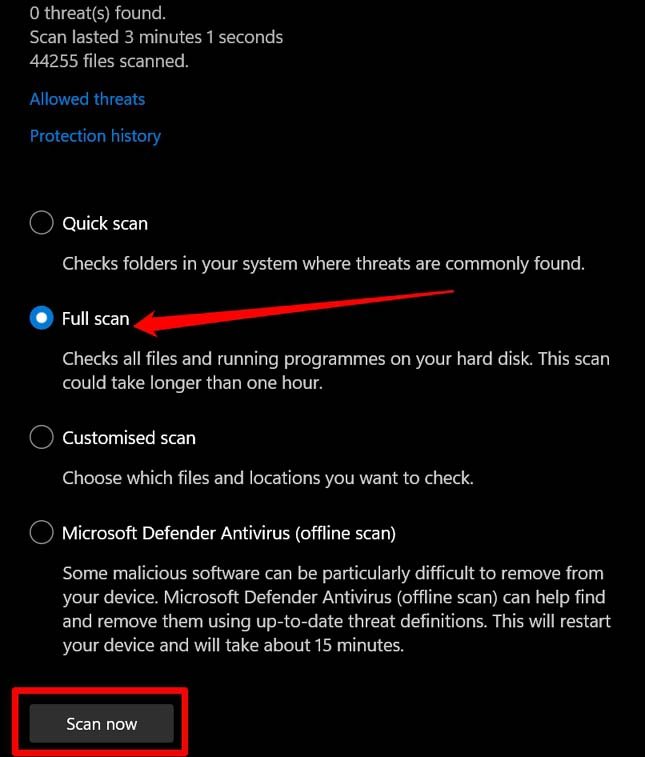 Windows 11에서 전체 스캔 수행하기