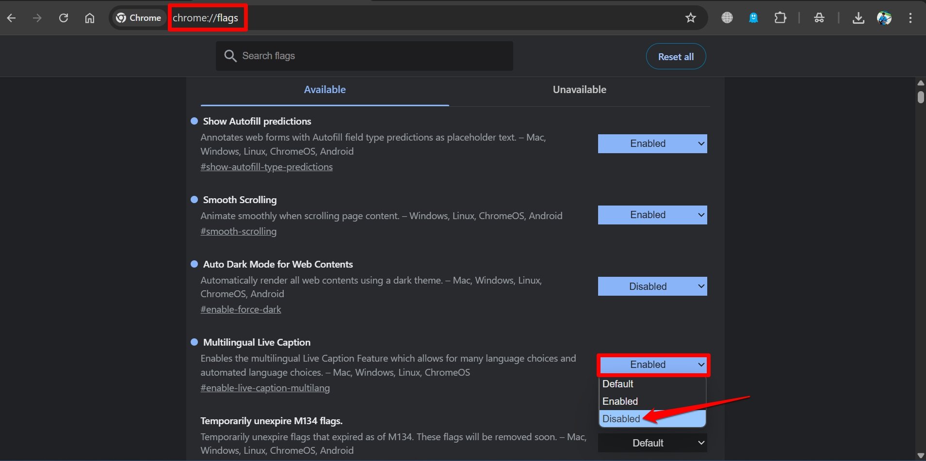 come disabilitare un flag di Chrome