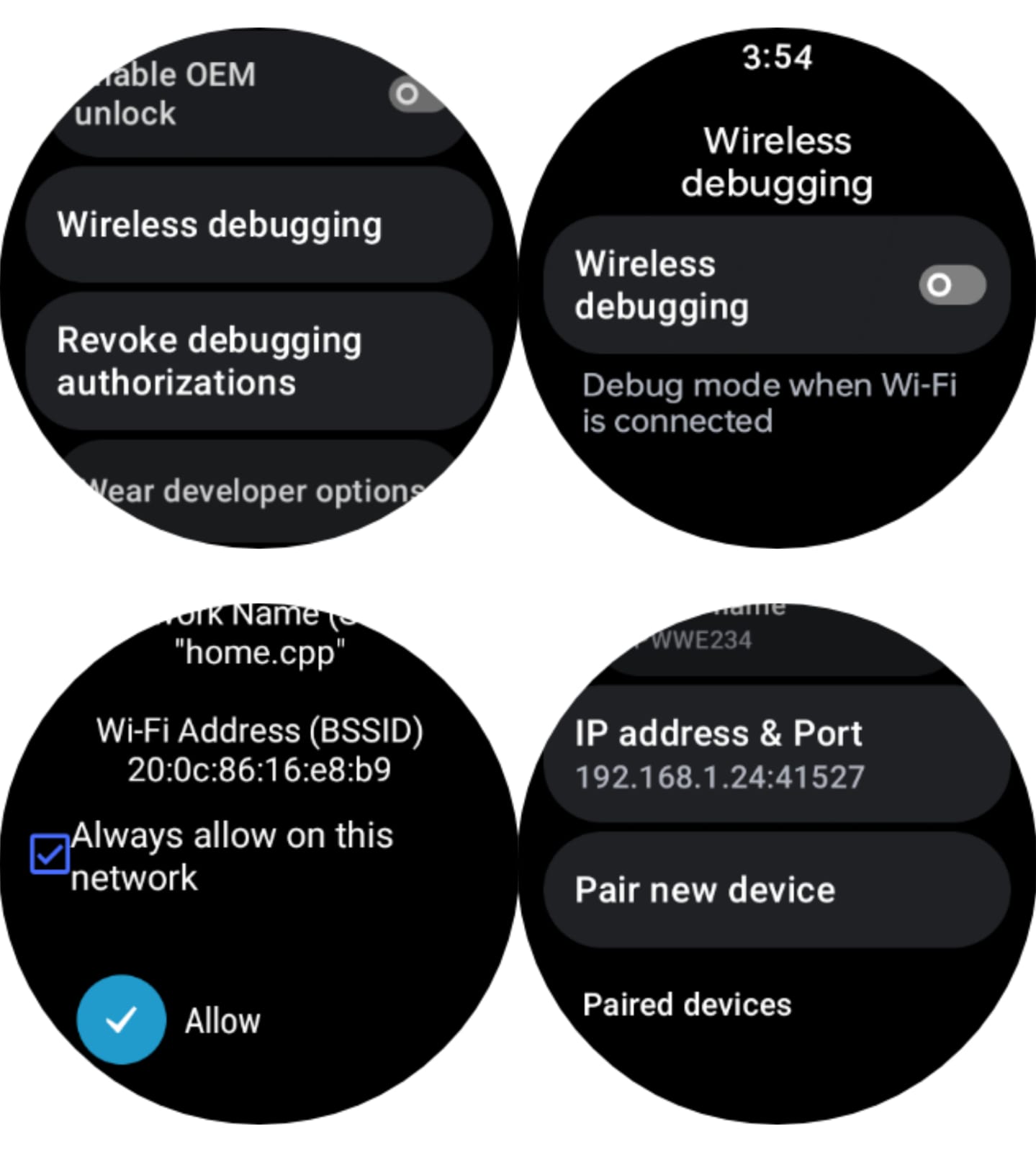 activer le débogage sans fil sur votre montre