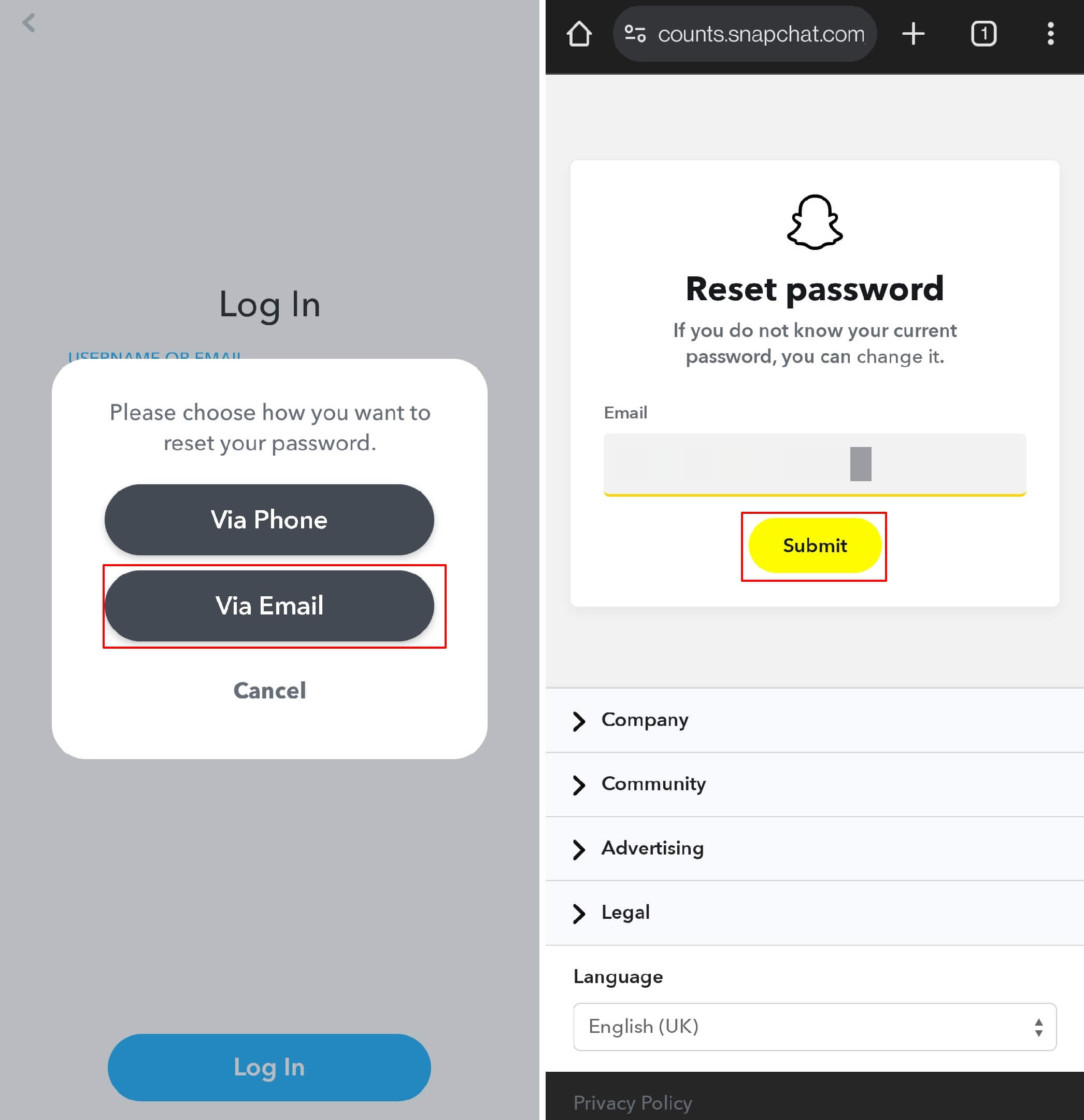Snapchat-Passwort per E-Mail zurücksetzen