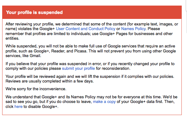 Perfil de Google Plus suspendido debido a violación de la política de contenido y conducta del usuario