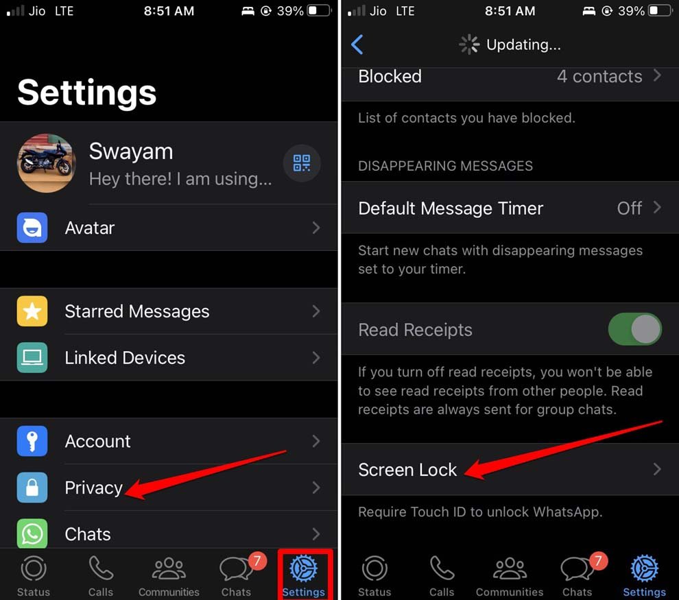 WhatsAppの画面ロックを無効にする