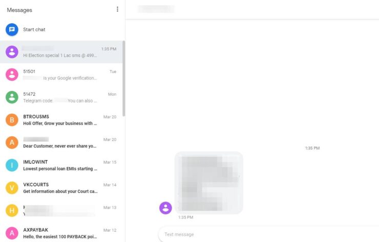 Janela de chat do Android Messages para web