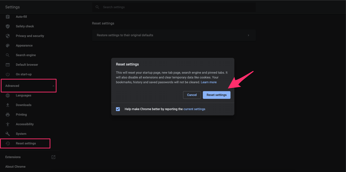 Сброс Chrome до стандартных настроек