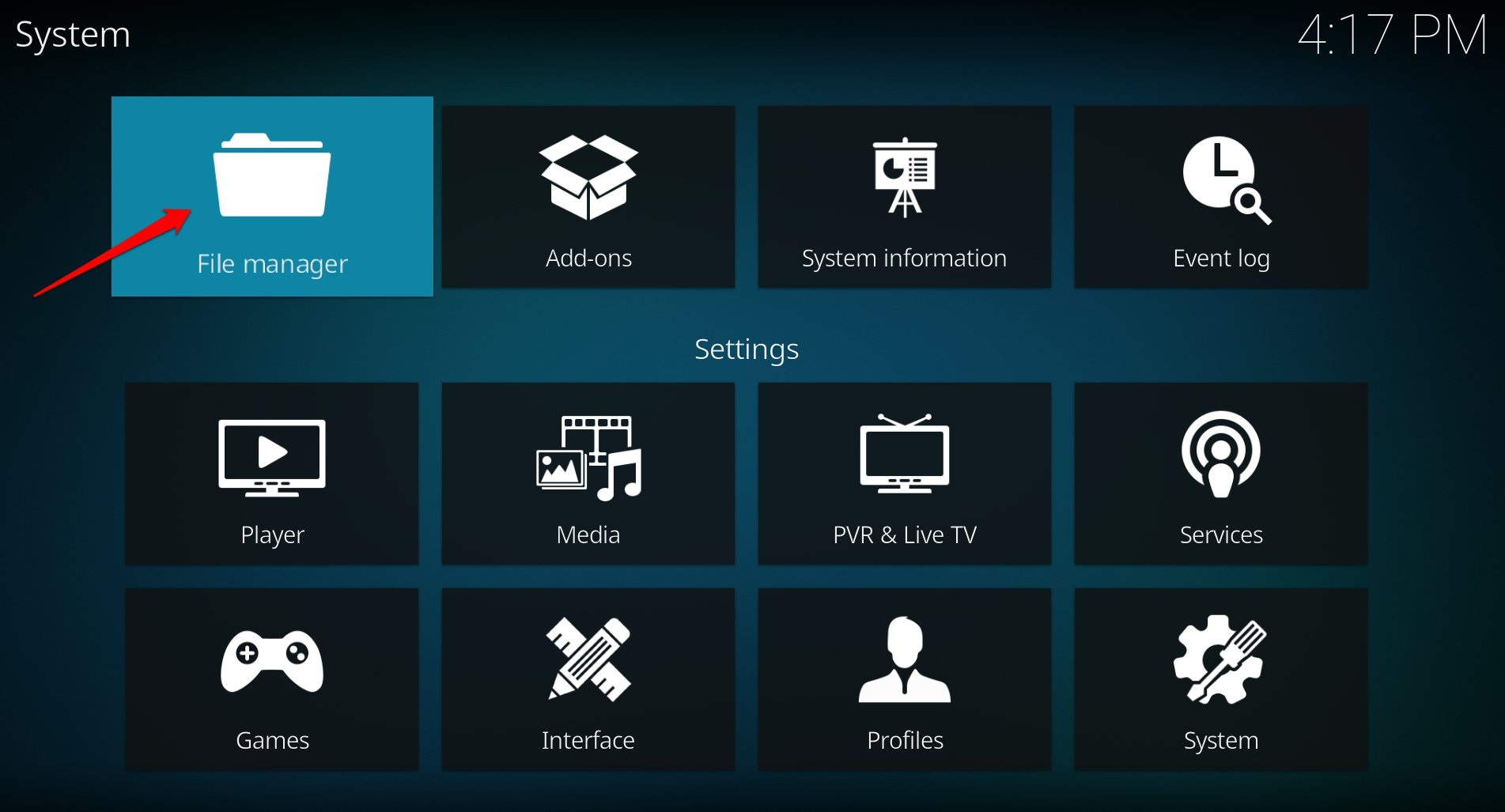 acessar o gerenciador de arquivos do Kodi