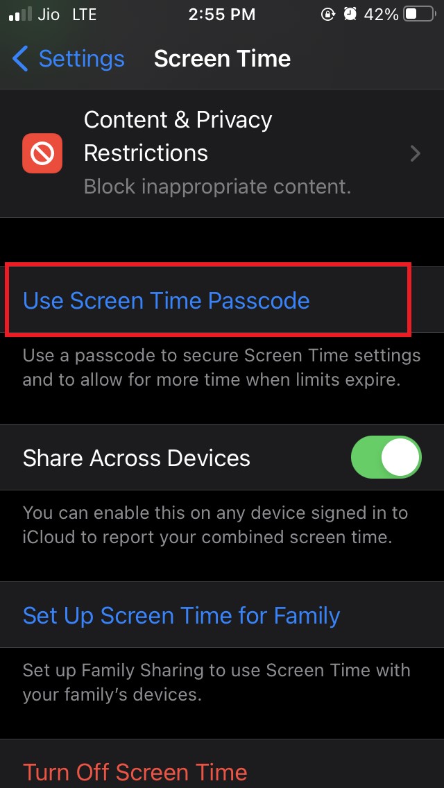 utiliser le code d'accès du temps d'écran