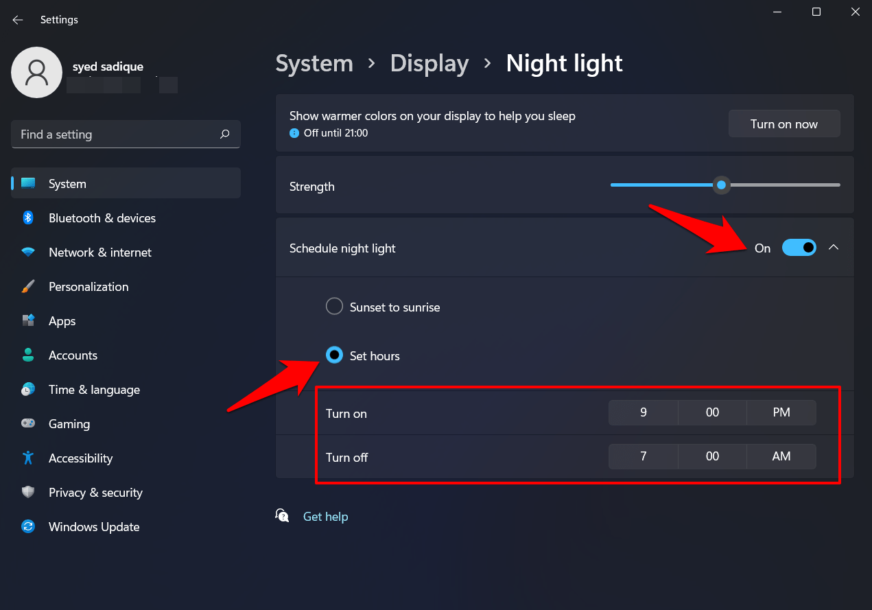 schedule night light in windows 11