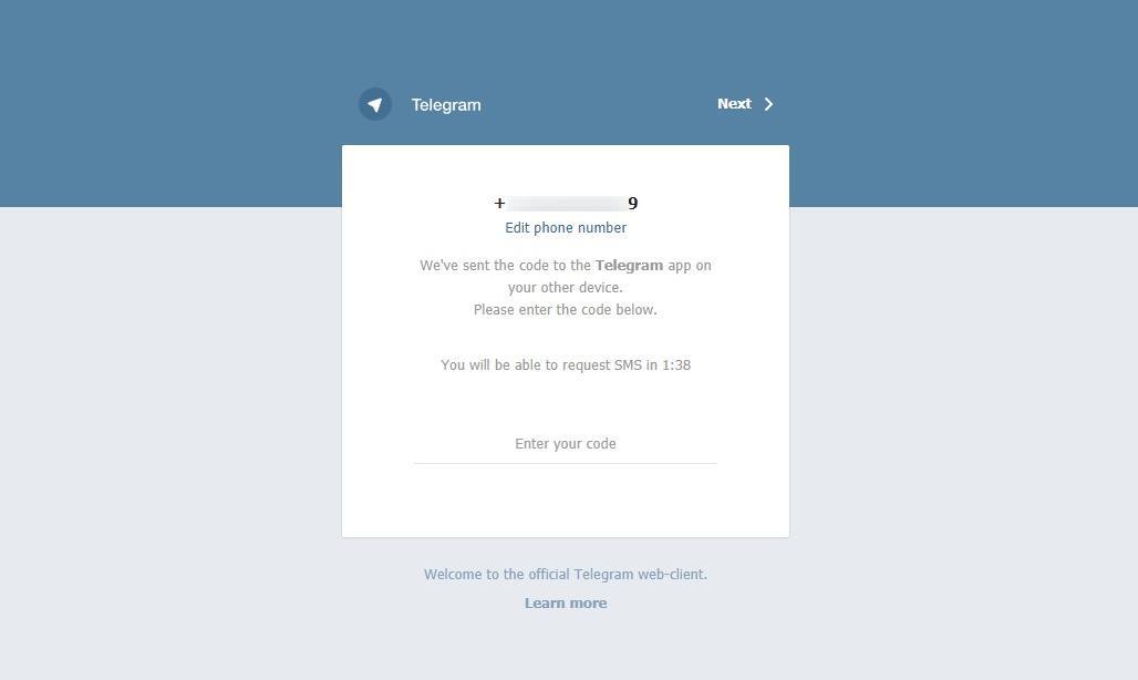 Autenticazione codice SMS di accesso a Telegram Web