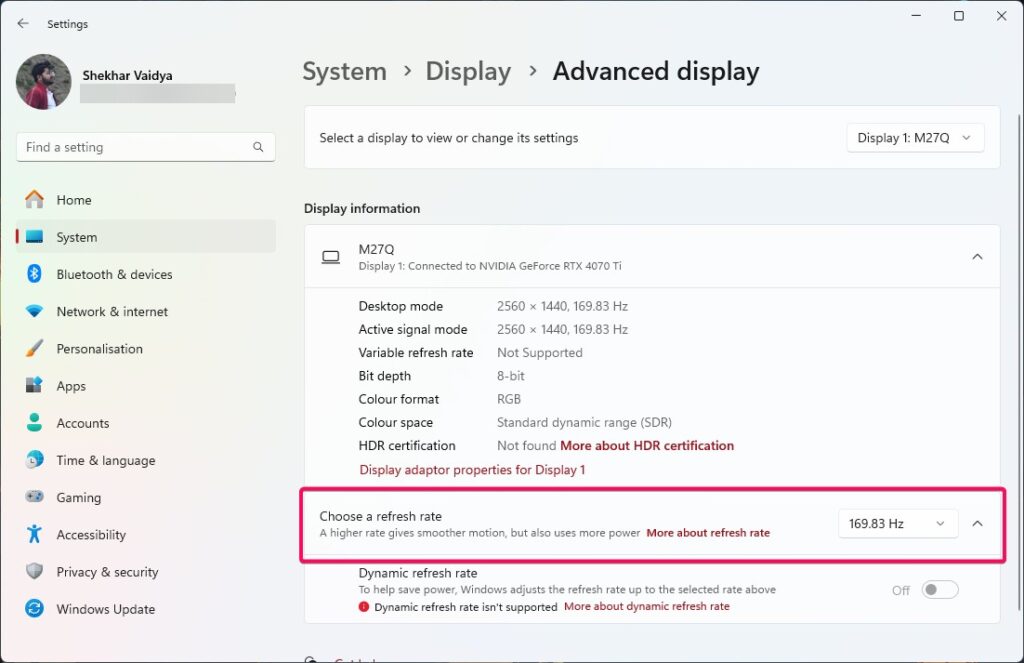 Cambia la frequenza di aggiornamento dello schermo Windows - Ottimizza Windows 11 per il gioco