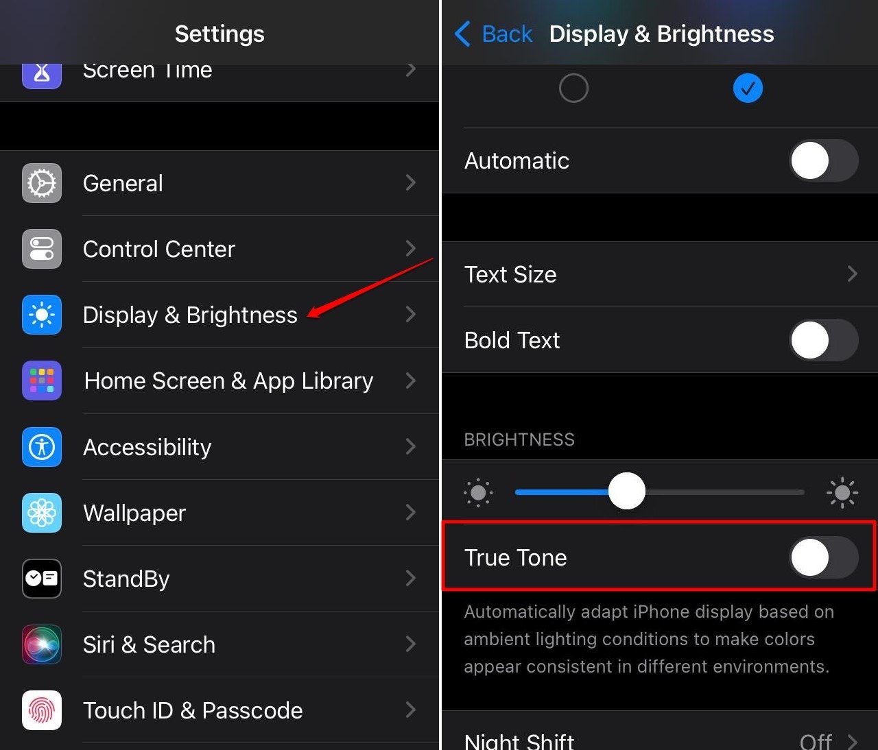 disattiva il display true tone sull'iPhone