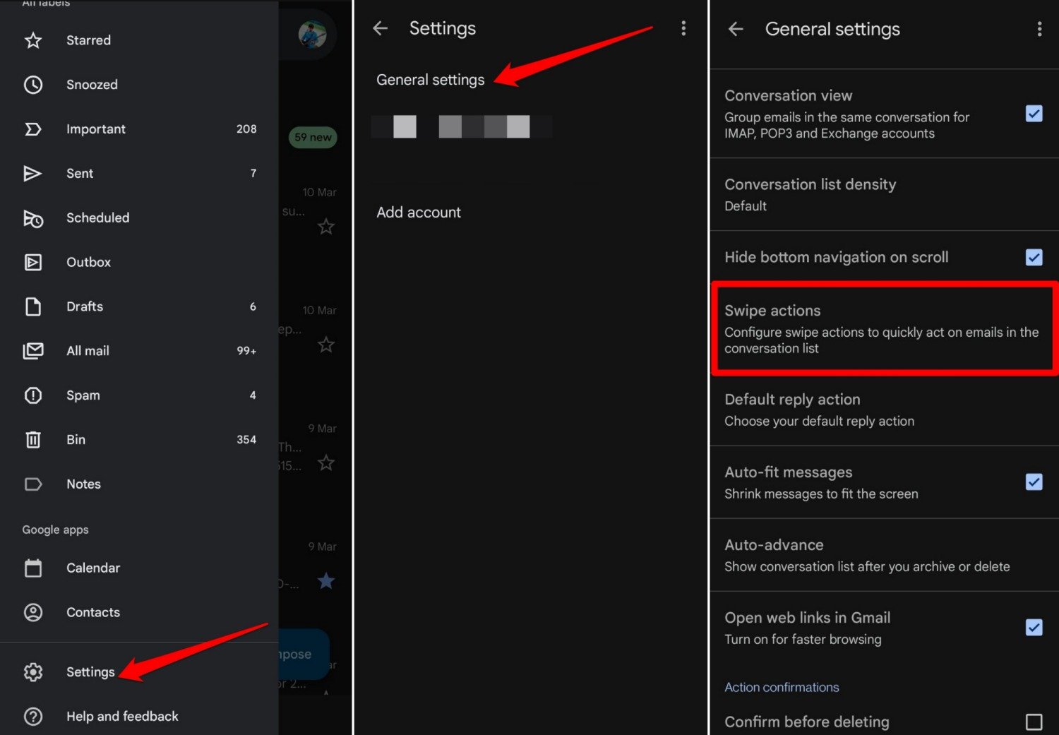 acciones de deslizamiento de gmail