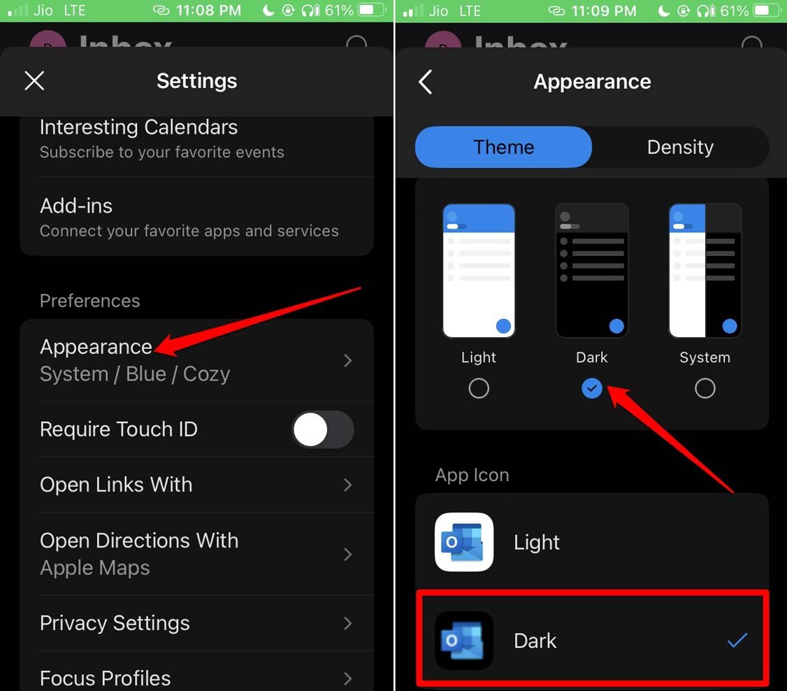 tema oscuro habilitado para Outlook en iOS