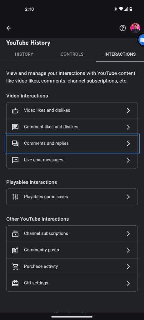 YouTubeのコメント履歴 Android