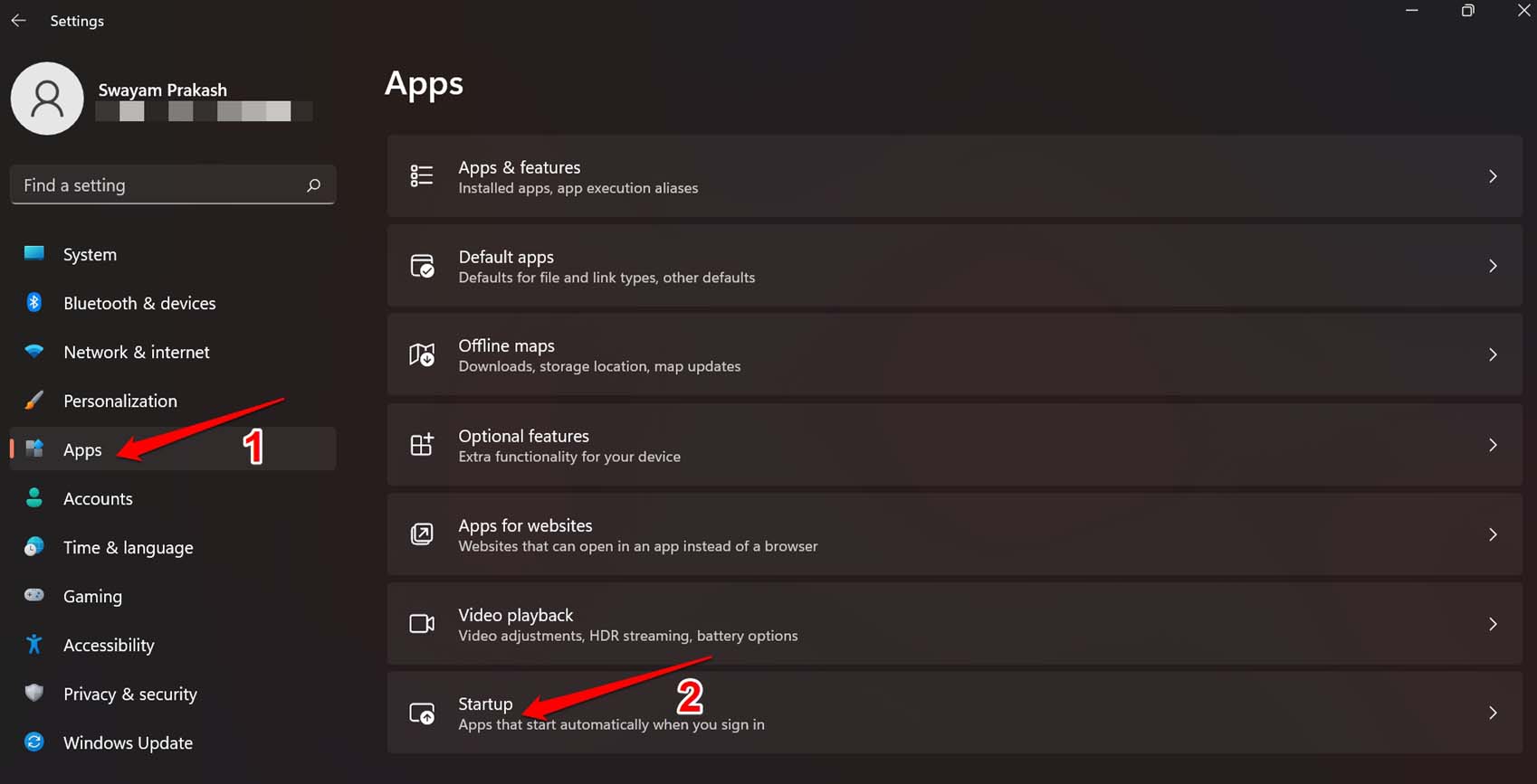 configurações de aplicativos de inicialização