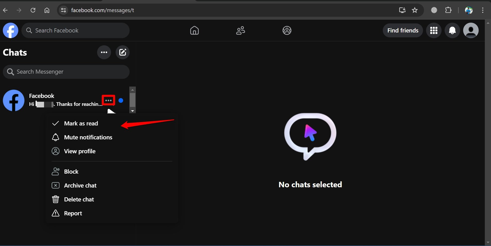 Facebook PCで未読メッセージに対するアクション