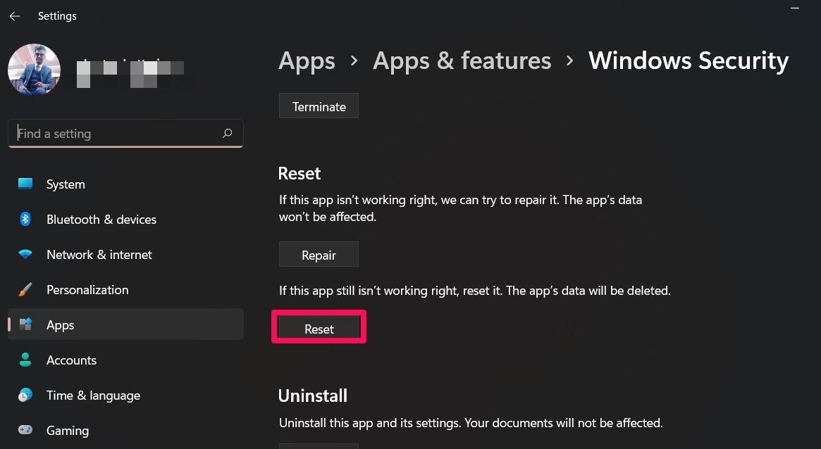 Windows 보안 앱 초기화