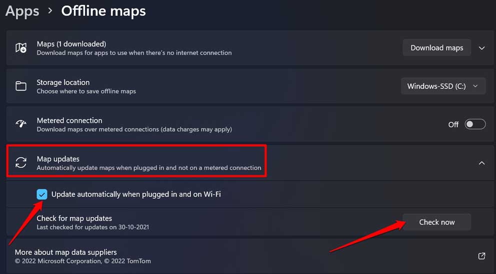 actualizar mapas sin conexión en Windows 11