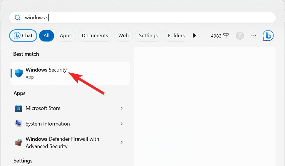 Scegli Sicurezza di Windows dalla sezione risultati