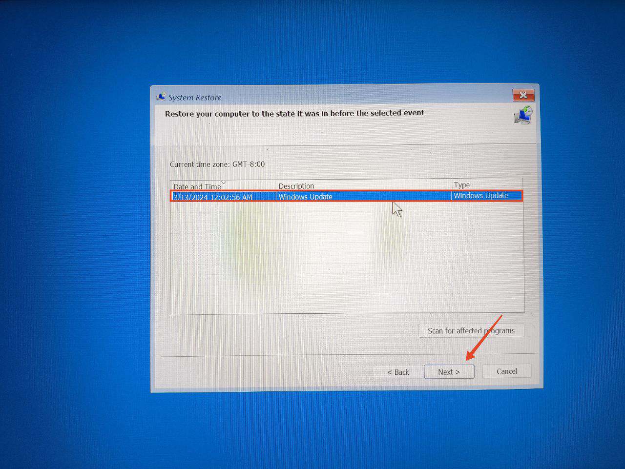 selecione um ponto de restauração
