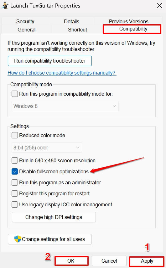 disabilita ottimizzazione a schermo intero su app Windows