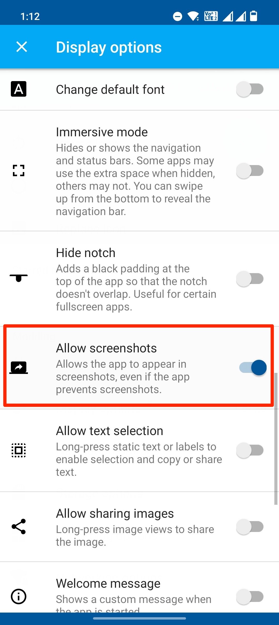 Screenshots unter Anzeigeoptionen erlauben