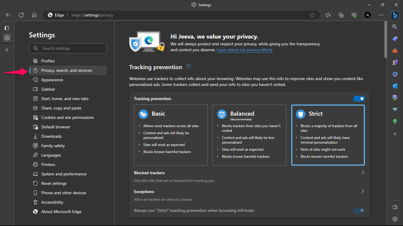 Privacy, Search, and Services Option