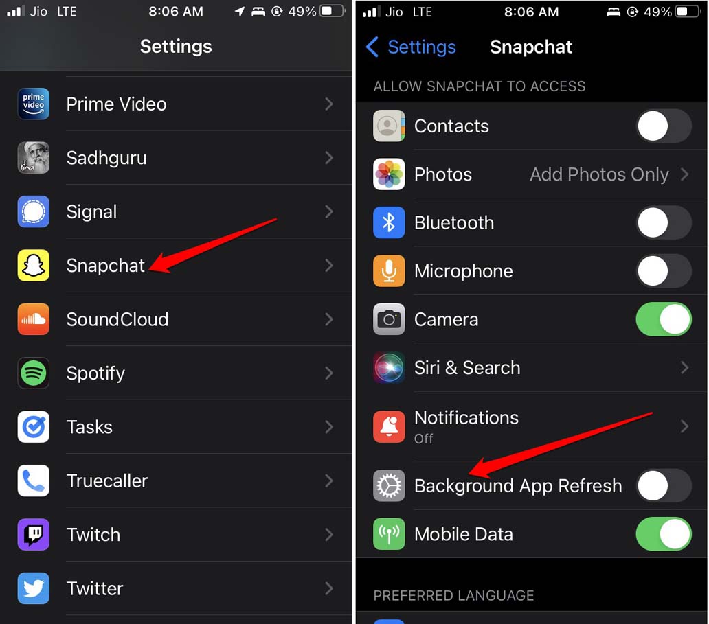 disable background refresh Snapchat
