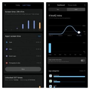 Screenshot di MIUI 12 trapelati, mostra l'interfaccia del tempo di utilizzo e la nuova modalità Focus 2