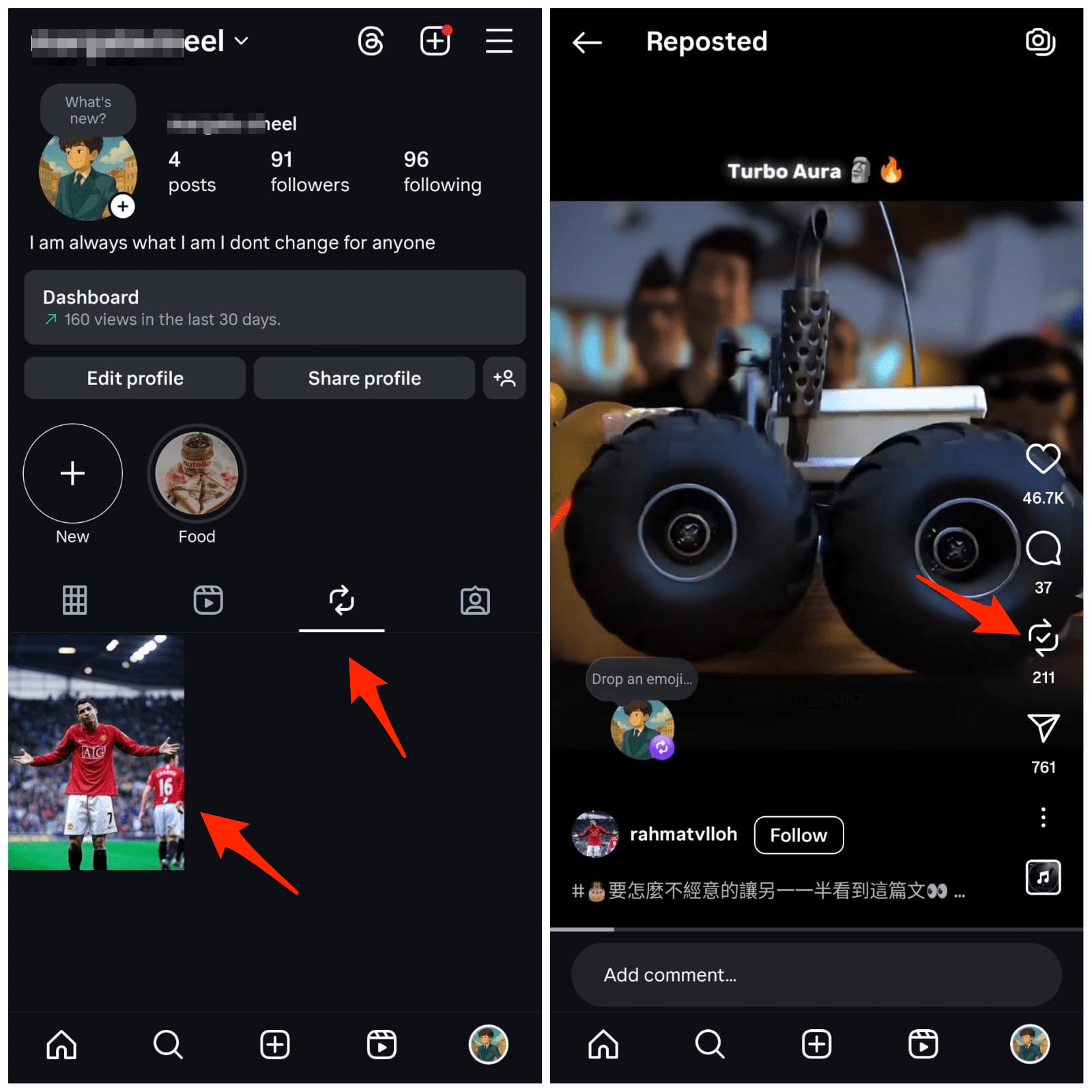 Abrir pestaña de Repost, seleccionar el Reel para deshacer el Repost