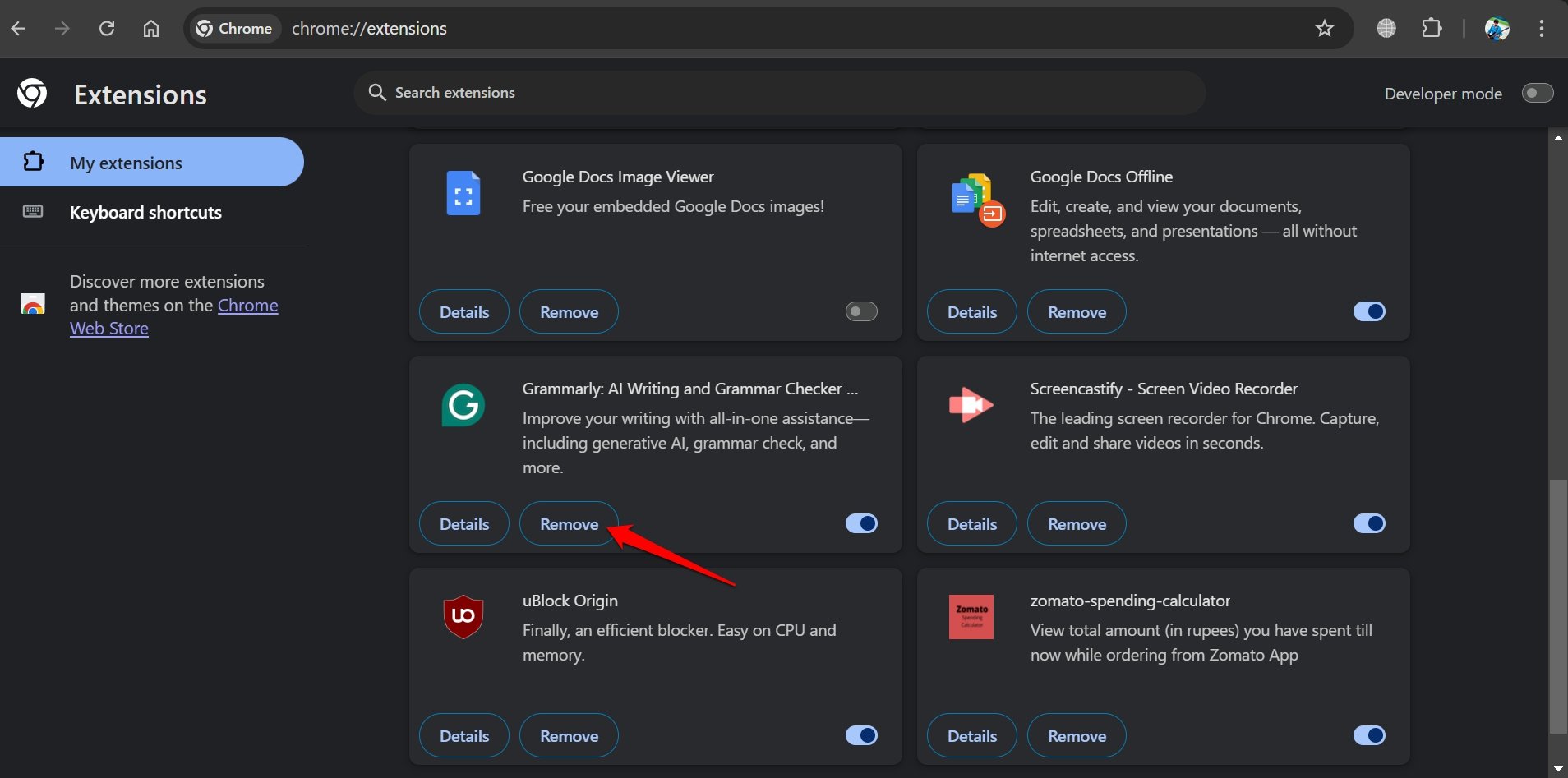 desinstalar extensão grammarly do Chrome