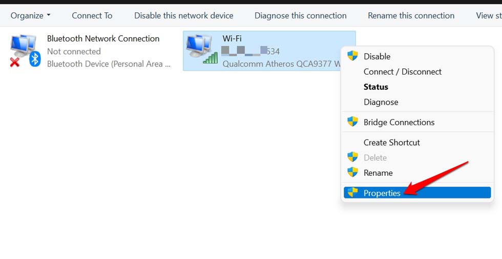 click on Properties of WiFi