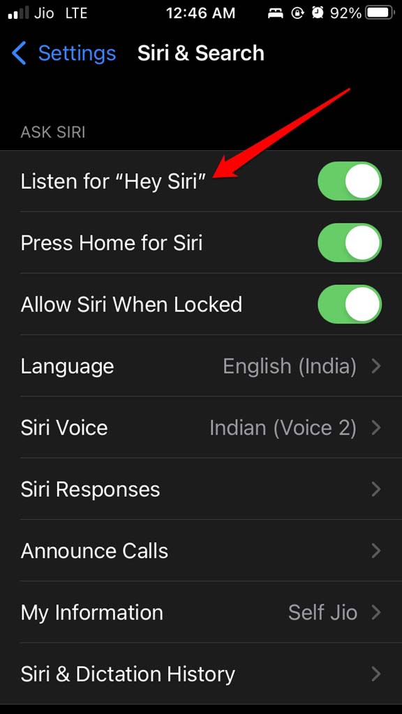 ativar Ouvir o Hey Siri