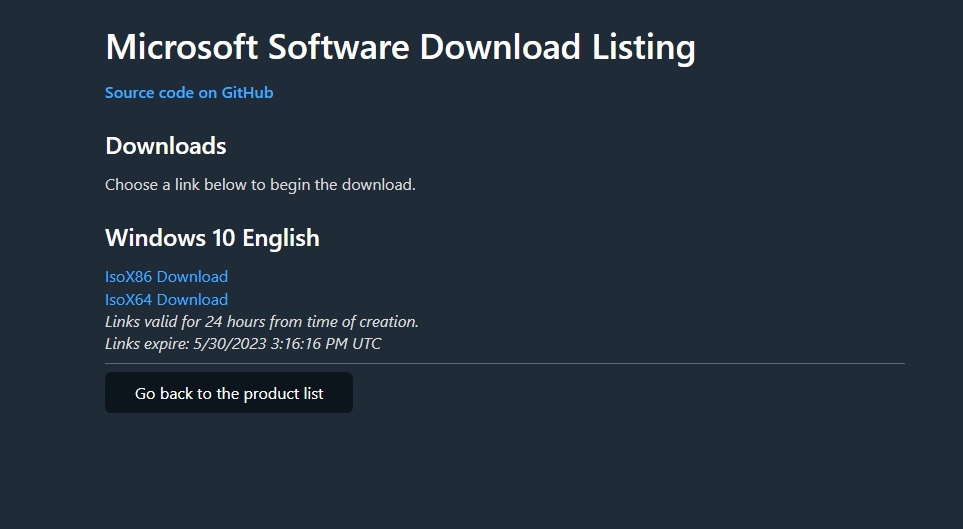Microsoft 소프트웨어 다운로드 목록