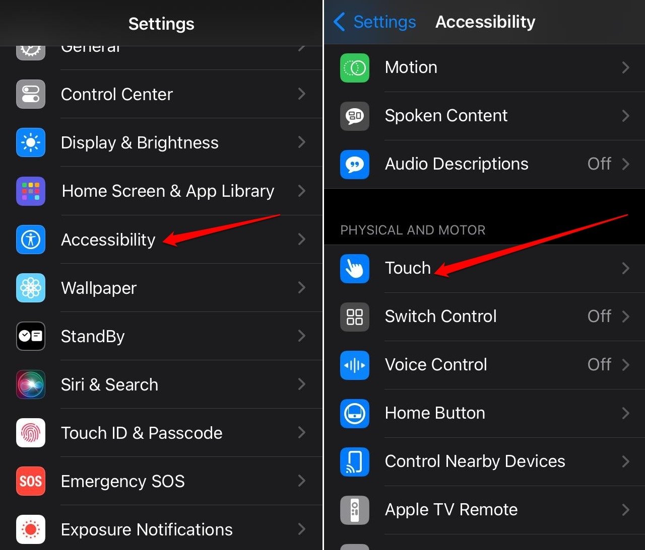 configuración de toque iOS 17