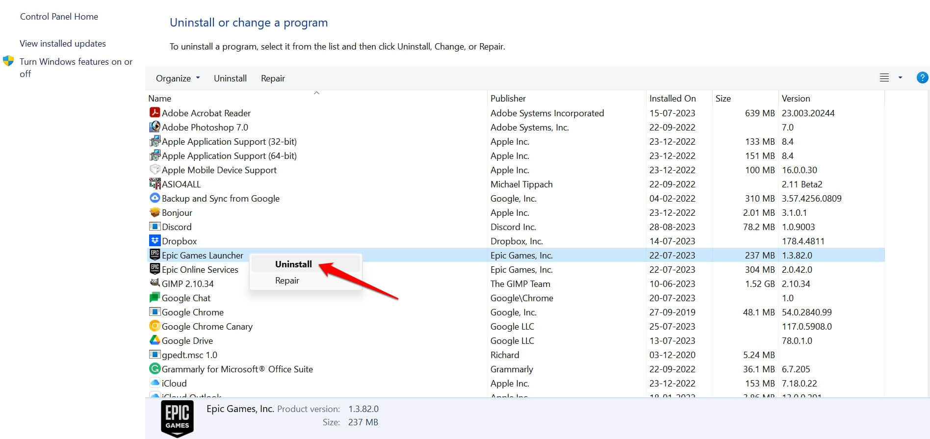 disinstalla l'epic games launcher da Windows