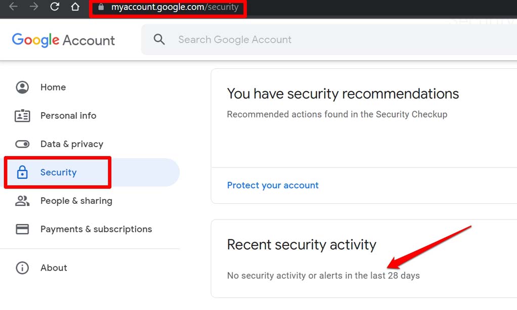 Gmail 계정 보안에서 활동 검토
