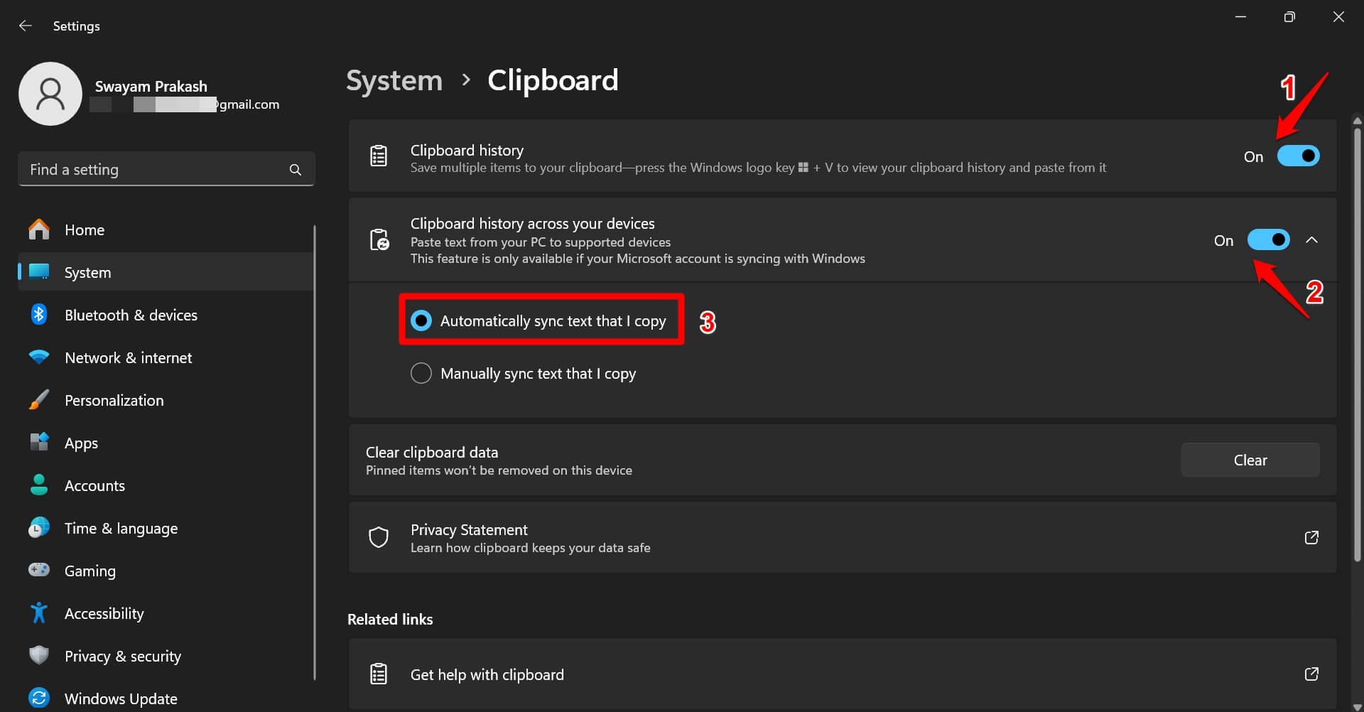 abilitare la cronologia degli appunti e la sincronizzazione degli appunti nelle impostazioni di Windows 11