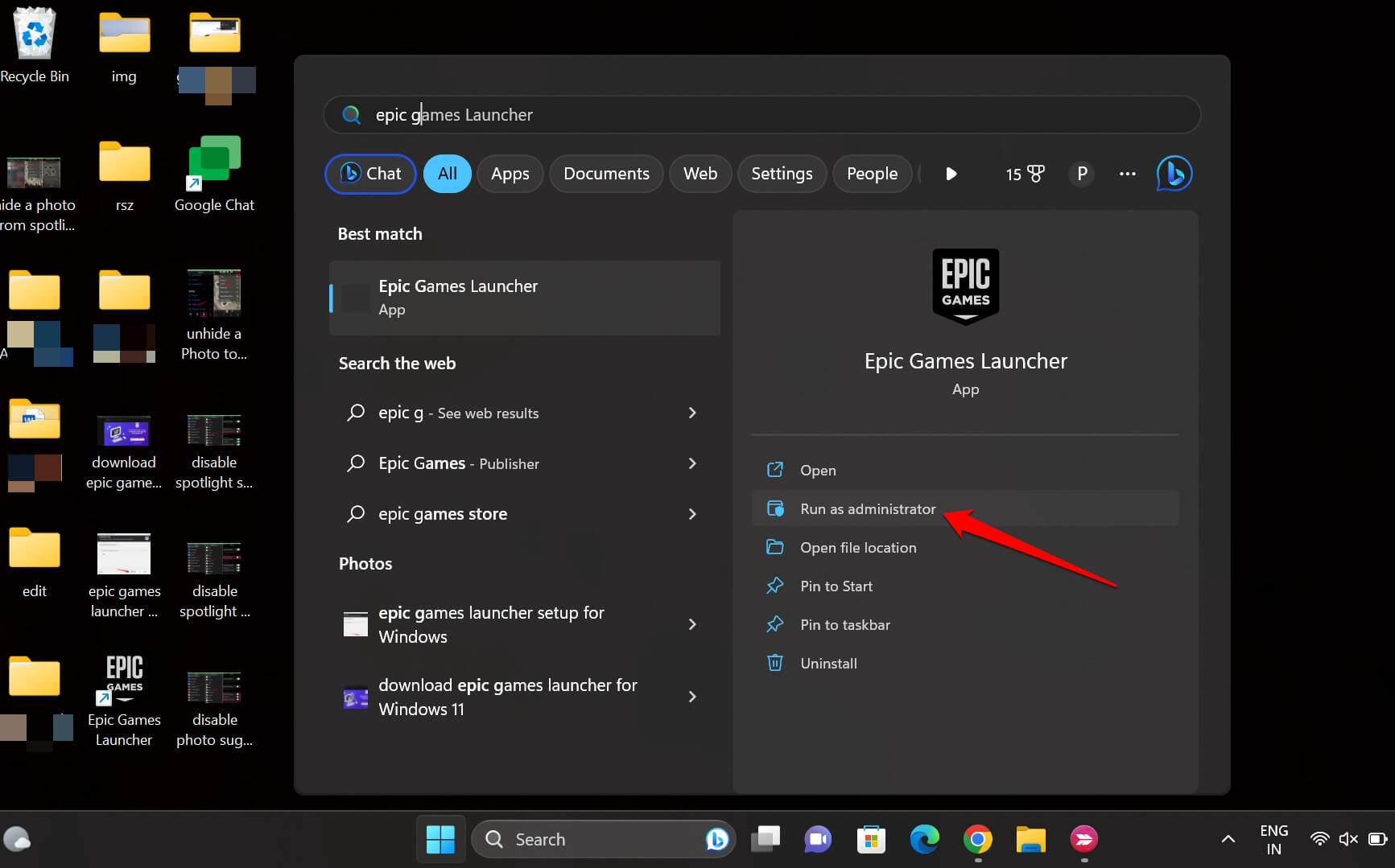 esegui l'epic games launcher come amministratore