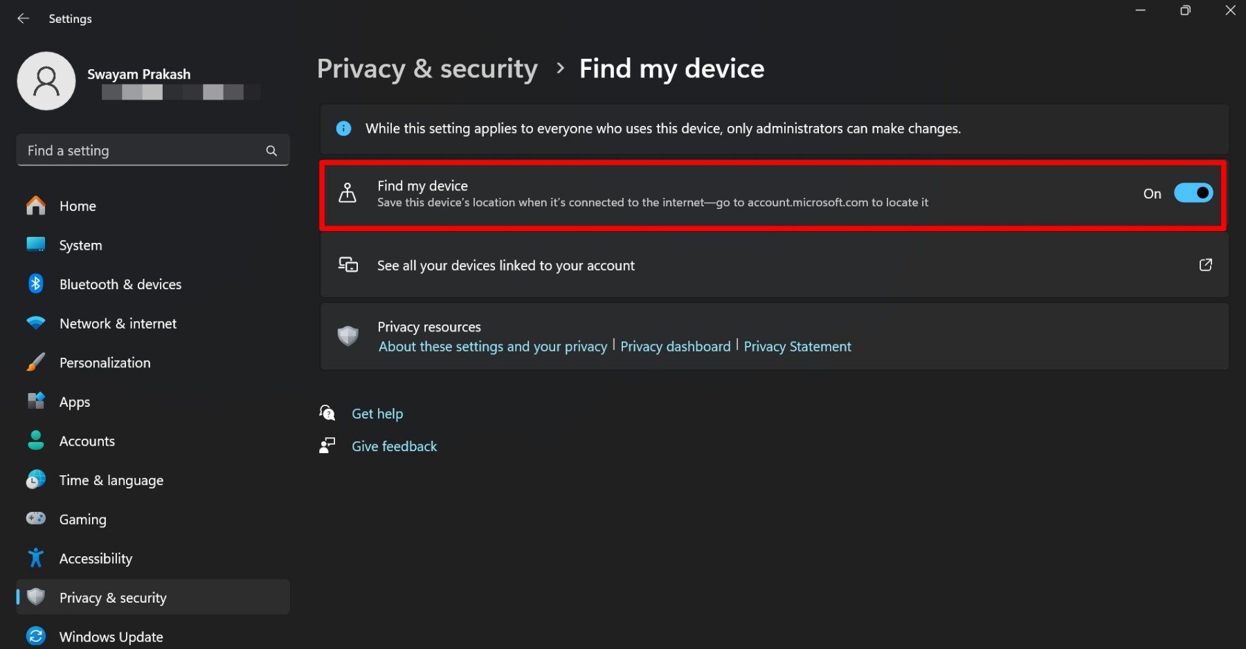 abilita trova il mio dispositivo su Windows 11