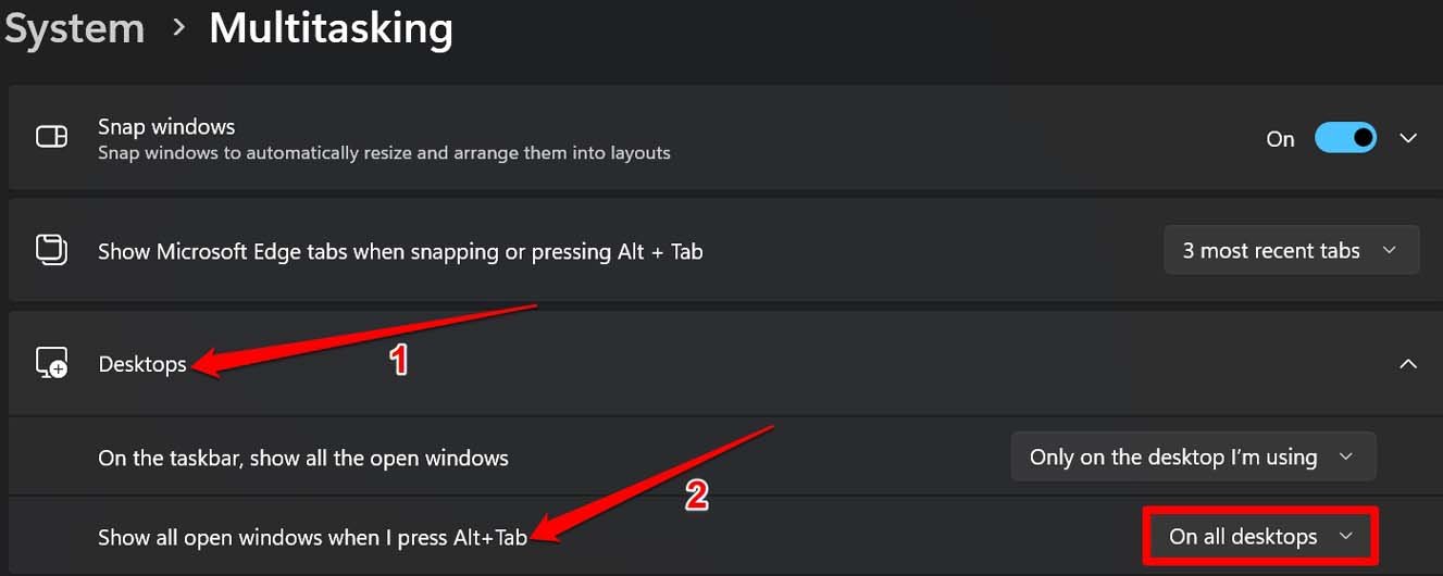 모든 바탕 화면에서 Alt Tab 단축키 활성화