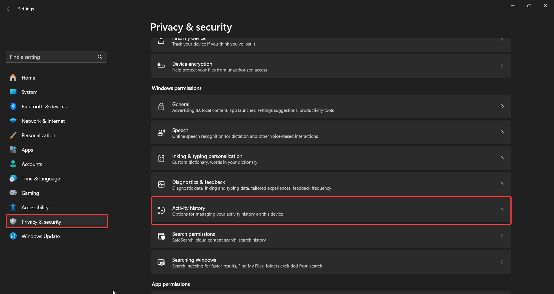 Abrir la configuración del historial de actividad