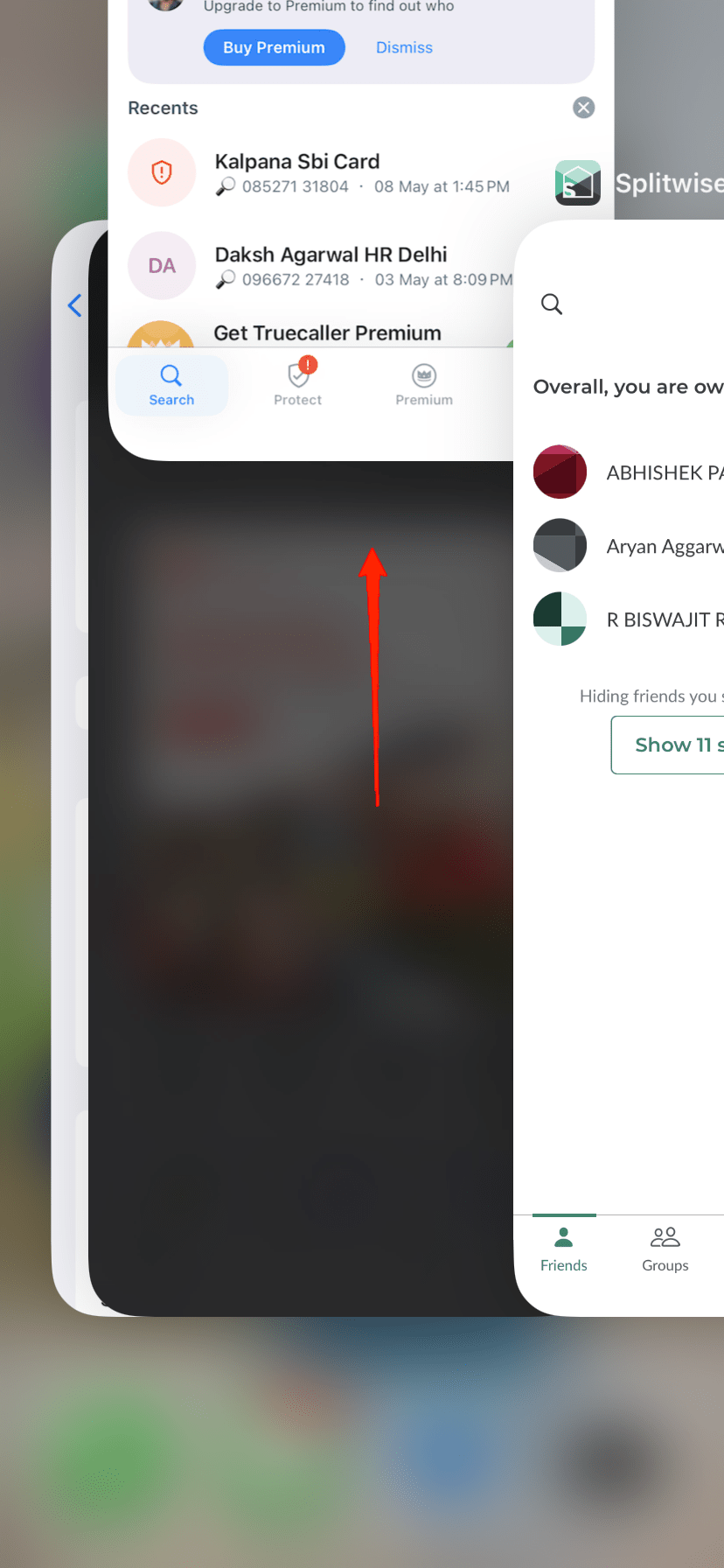 Truecallerアプリのプレビューを上にスワイプして強制終了します。